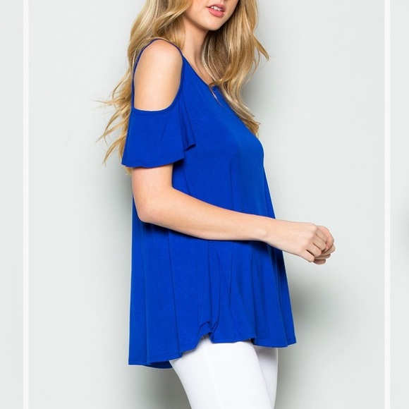 Royal Blue Shoulder-Cutout Short Ruffle-Sleeve Top, M - Picture 3 of 4